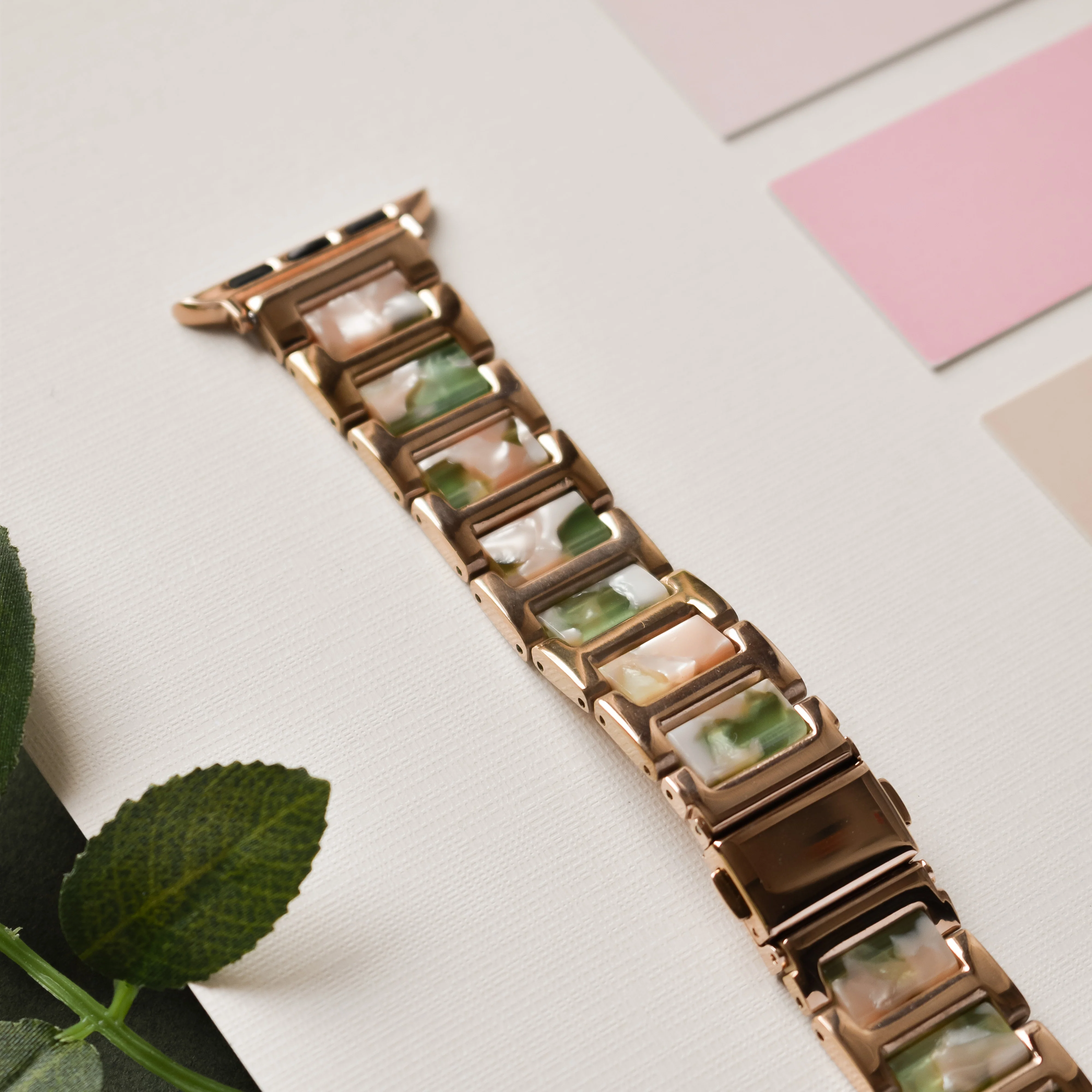 Stainless Steel Apple Watch Strap - Pink, Green & Rose Gold - Image 9