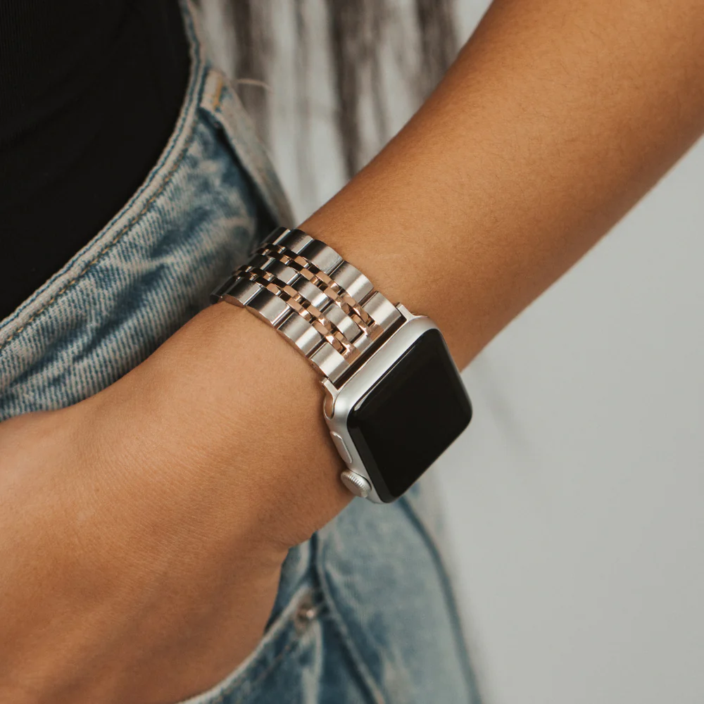 Stainless Steel Apple Watch Strap - Silver & Rose Gold - Image 3