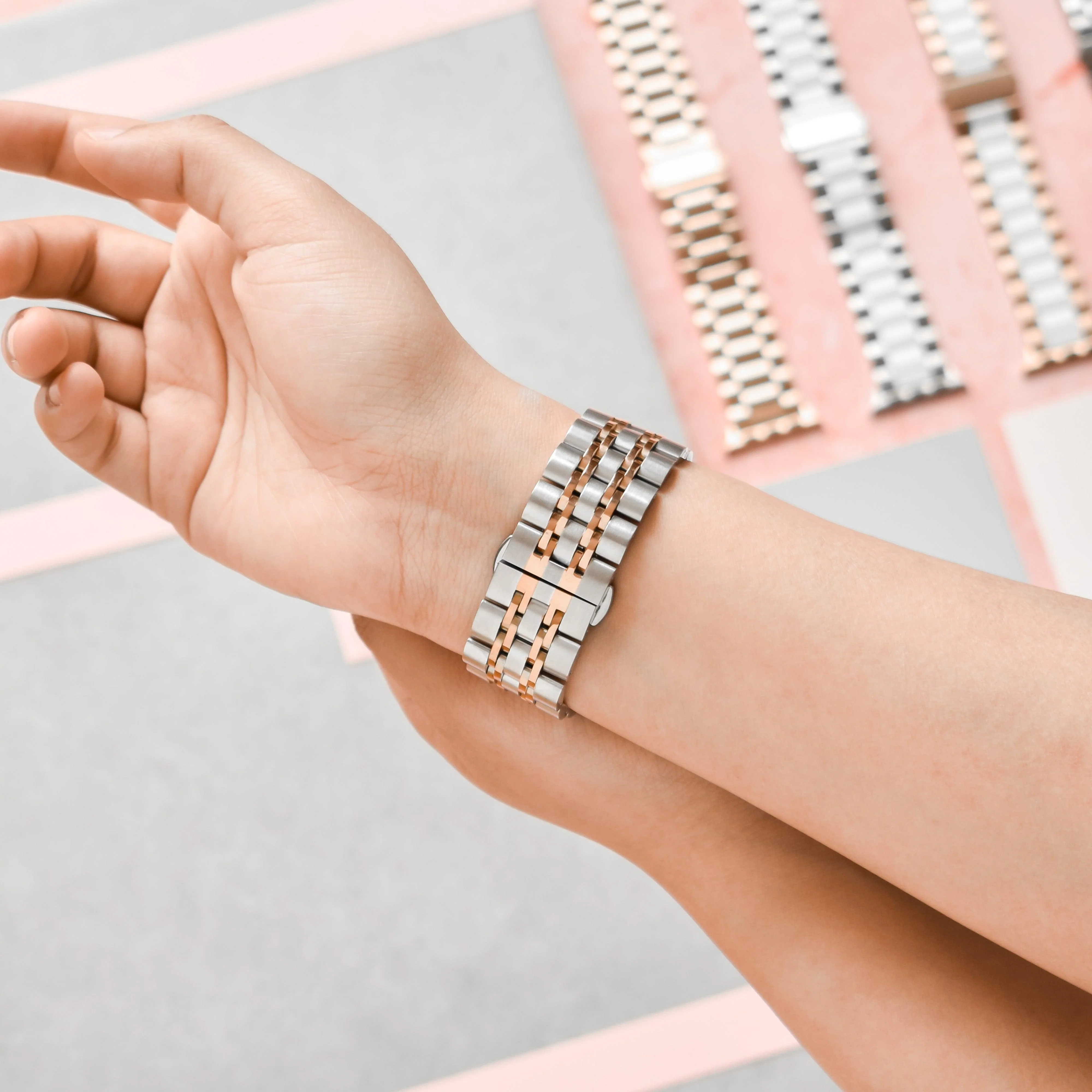 Stainless Steel Apple Watch Strap - Silver & Rose Gold - Image 7